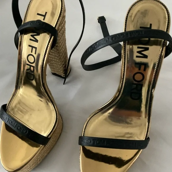 Tom Ford Gold and Black Strappy Heels size 38.5 - Picture 2 of 12